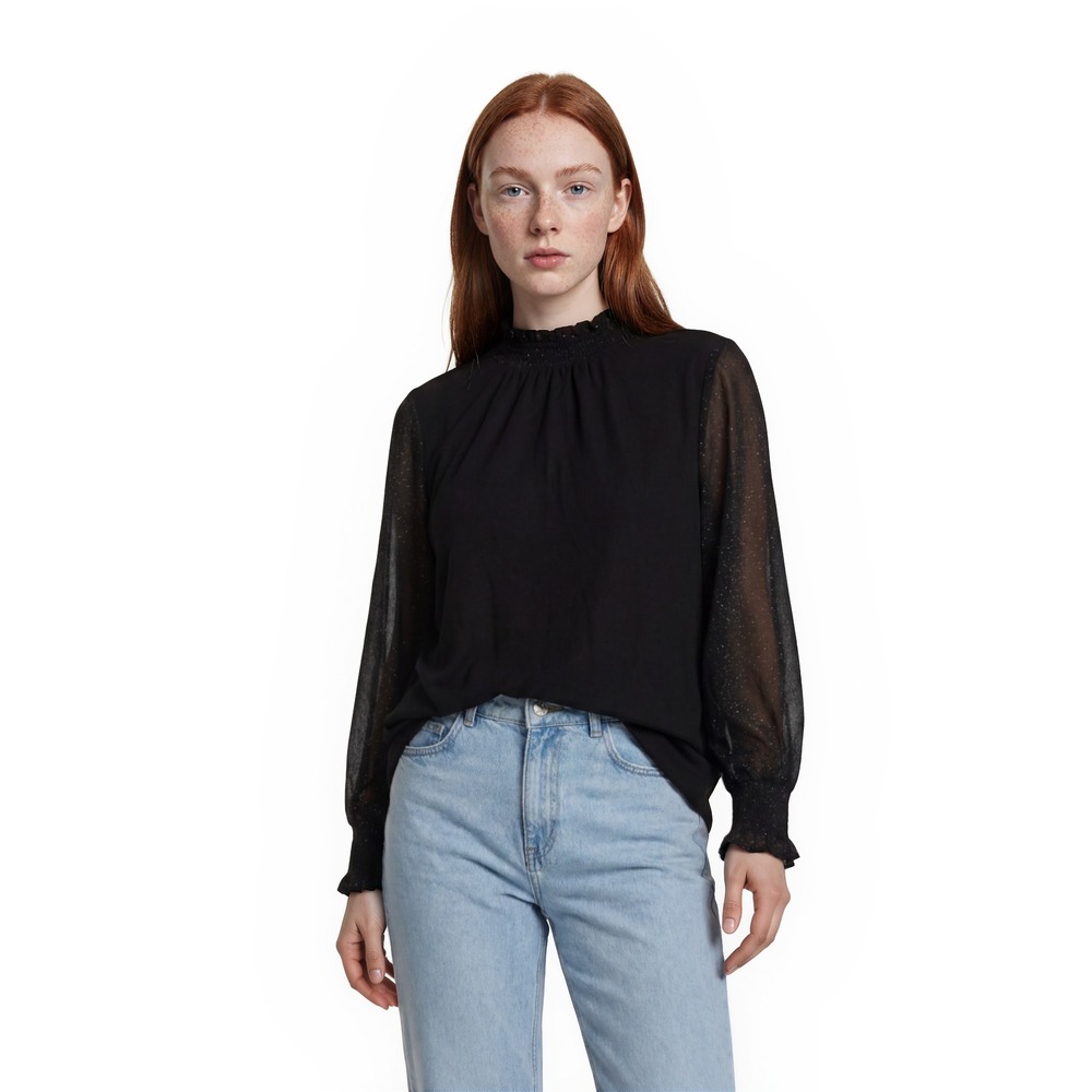 Talbots Blouse Women's Size 2X Black Mock Neck Glitter Long Sheer Sleeve